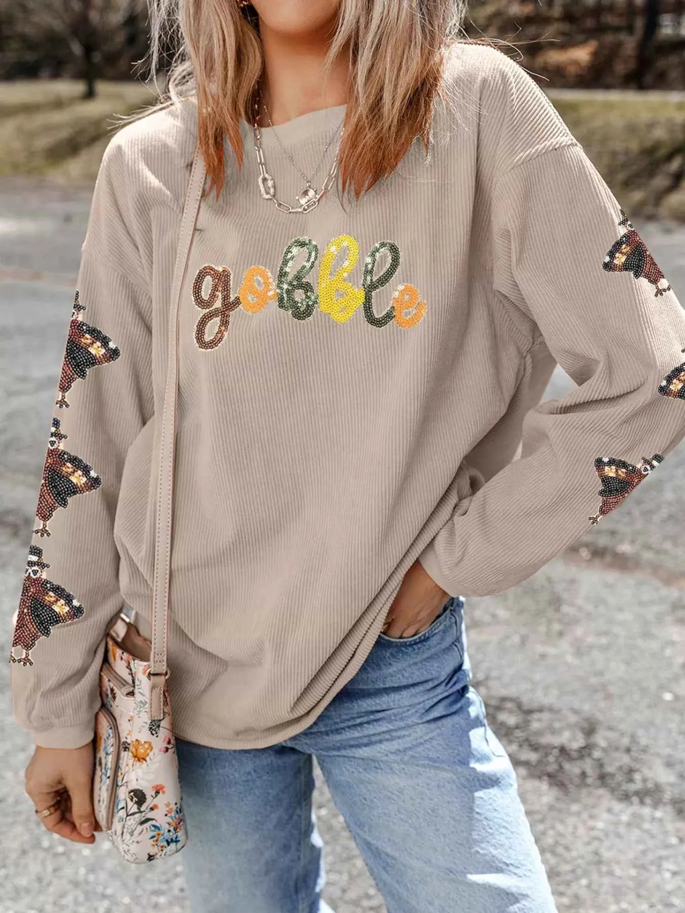 Gobble Corded Ribbed Thanksgiving Turkey Sequin Patched Sleeve Sweatshirt Beige 8cc920e96aed4b2189133cbff7308567-Max-Origin