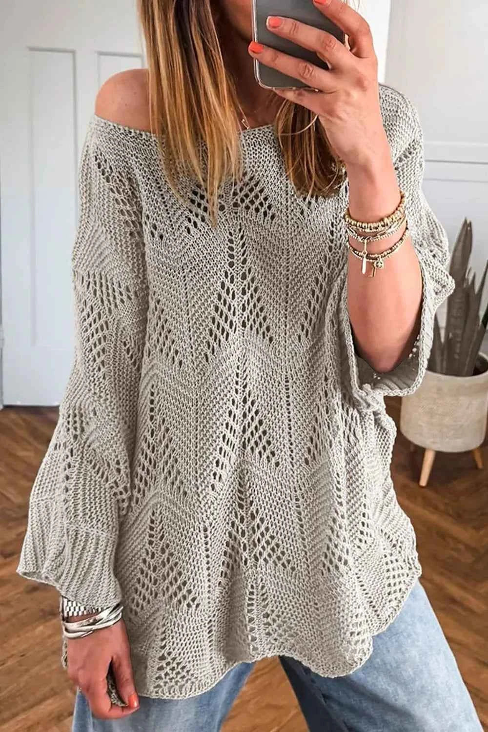 Openwork Round Neck Knit Top 8cf61560-18bf-425f-8d46-463a15ef5cb5-Max-Origin