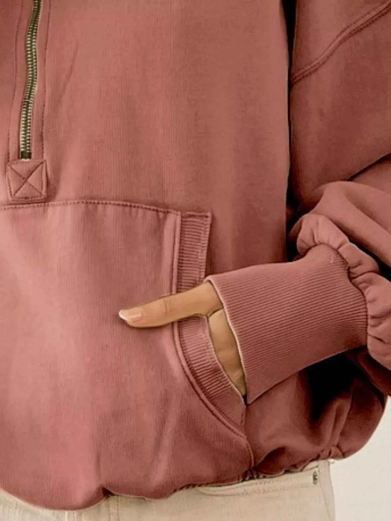 BiBi Stitch Detailed Elastic Hem Half Zip Fleece Hoodie 8d2b3ea1-fafa-49a4-b014-b9e7409f6a85-Max-Origin