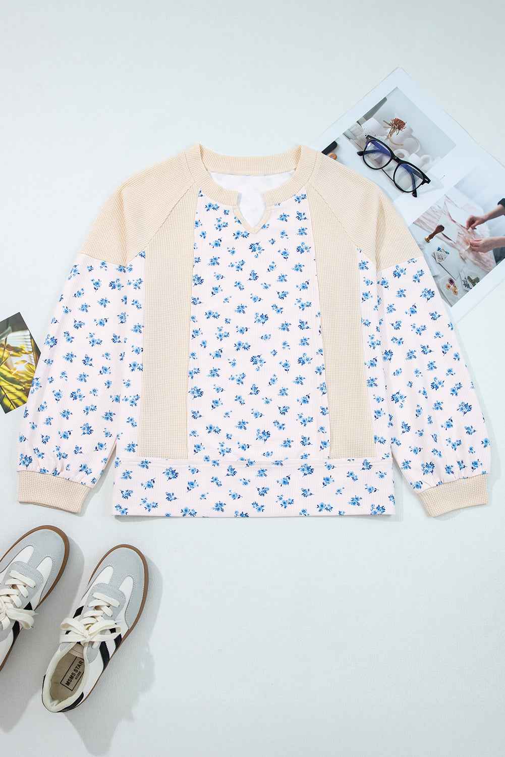 Beige Floral Print Waffle Patchwork Balloon Sleeve V Neck Oversized Top 8d3952e18e703e50