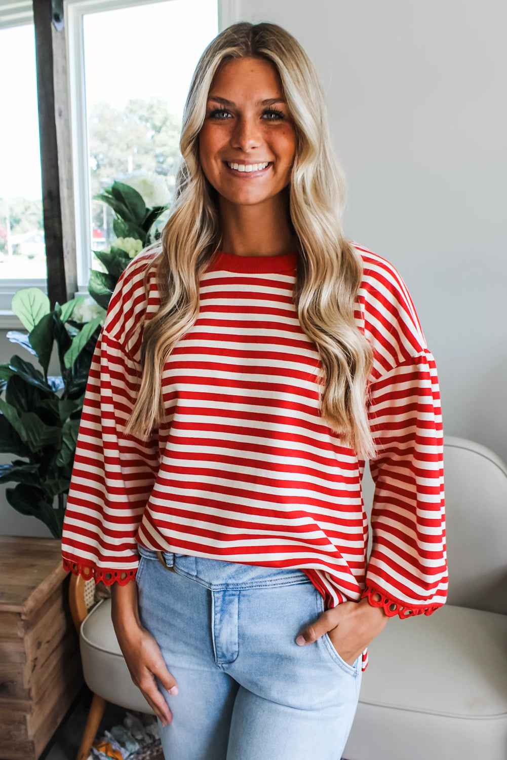 Sachet Pink Striped Round Neck Contrast Trim Bell Sleeve Top 8d453185abb552f1