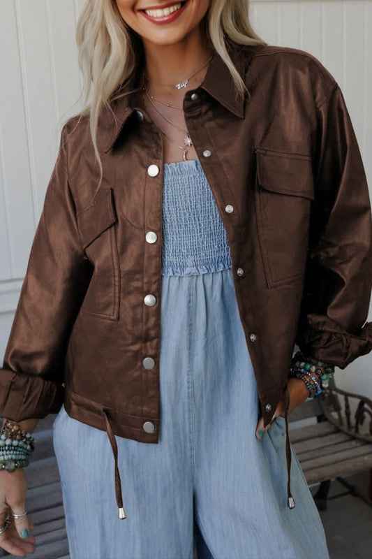 Leather Drawstring Hem Pocketed Jacket 8d7869c6-bdc6-47bc-81a0-f89c029c5bed