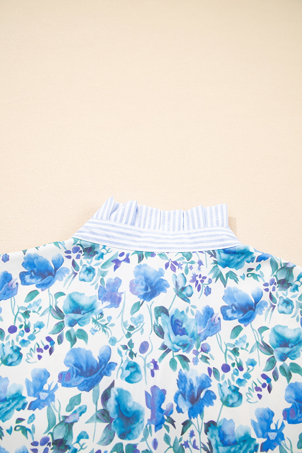 Sky Blue Floral Print Striped Patchwork Collared Blouse 8d7d55e326a5767c