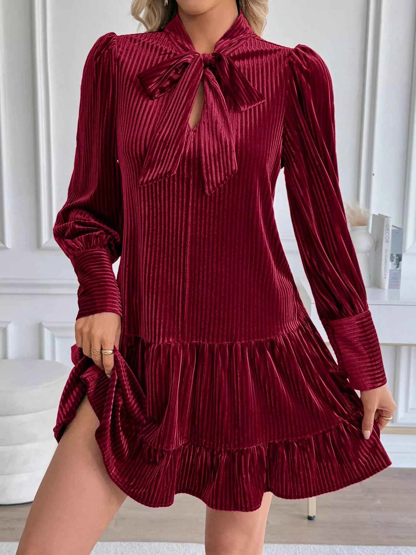 Velvet Tie Front Tiered Mini Dress Burgundy 8d89f63529e847a0b64ce35606e2d519-Max-Origin