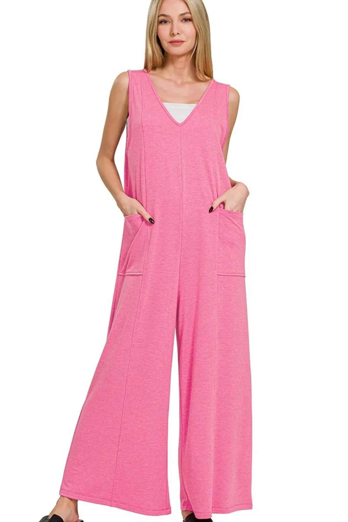 Zenana French Terry Deep V Neck Jumpsuits FUCHSIA 8d9fad9a-a257-43c6-a3ee-04ed94a64652-Max-Origin