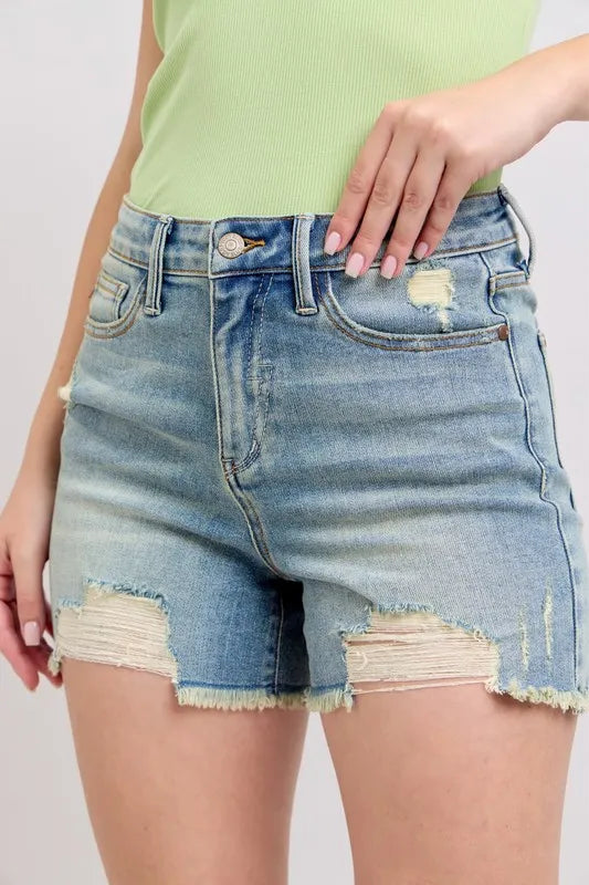Judy Blue Full Size High Rise Washed Fly Stitch Detail and Destroy Denim Shorts Plus Size MD 8da4fce427594da0945fa290bc2a5cb7-Max-Origin