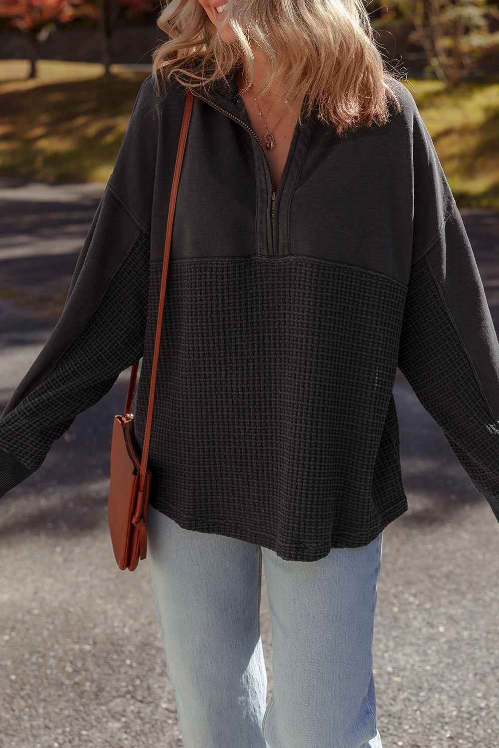 Carbon Grey Waffle Knit Patchwork Half Zipped Casual Sweatshirt 8dc3a69a9398621c