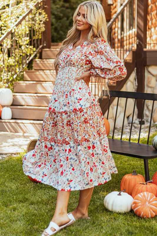 Floral V-Neck Ruffle Long Sleeve Midi Dress 8dded1ad-03d1-4eaa-a6bf-b3d65a0f2d13