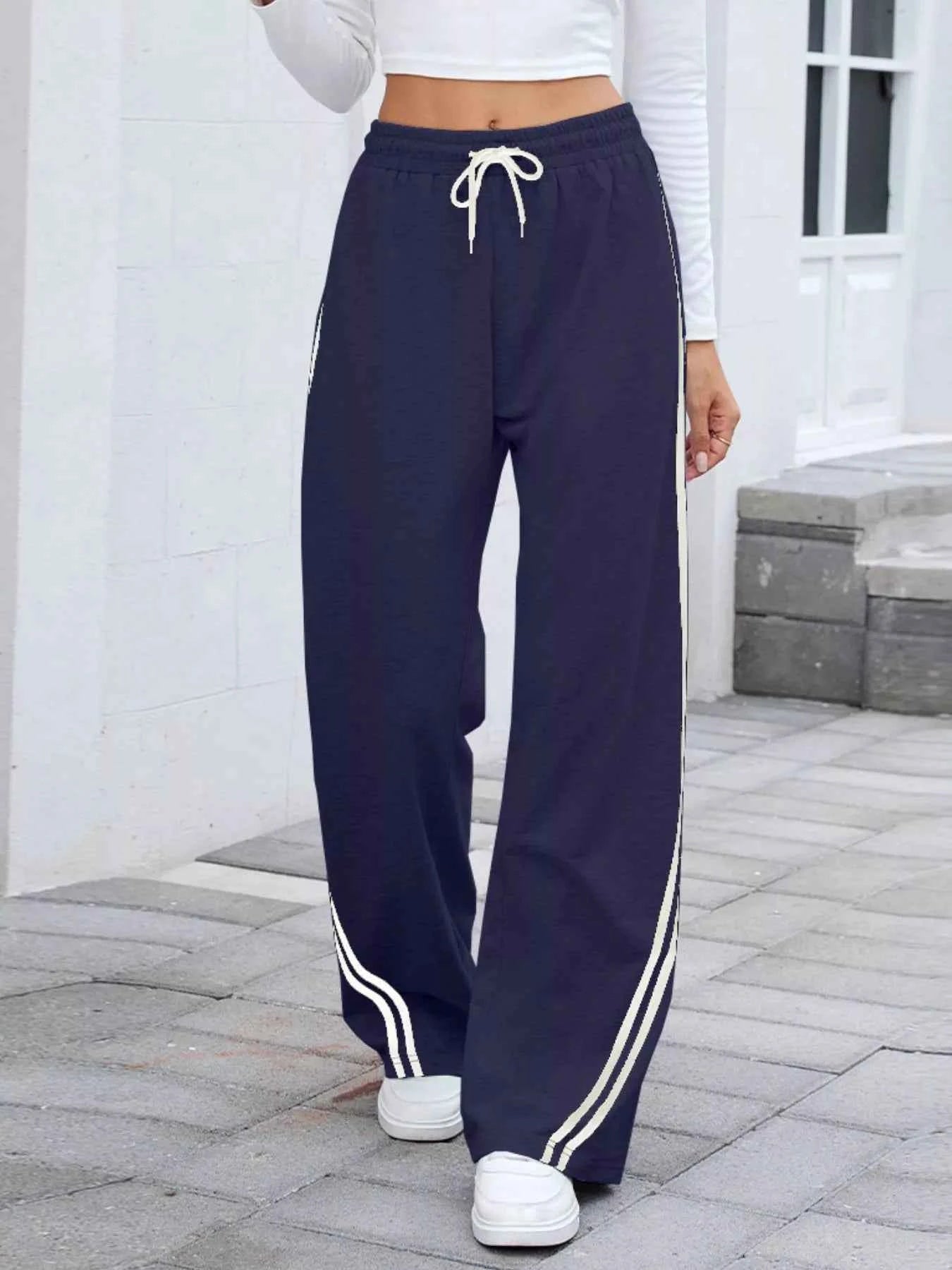 Side Striped Wide Leg Pants Navy Blue 8e1411c3-4d81-44d5-98a7-b24b3e0d787f-Max-Origin