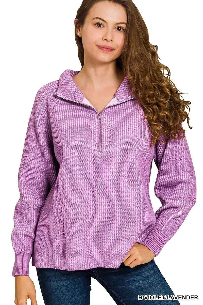 Zenana Ribbed Two Tone Half Zip Sweater B VIOLET LAVENDER 8e1d8f87baad43a2981ed5d01500b2e9-Max-Origin