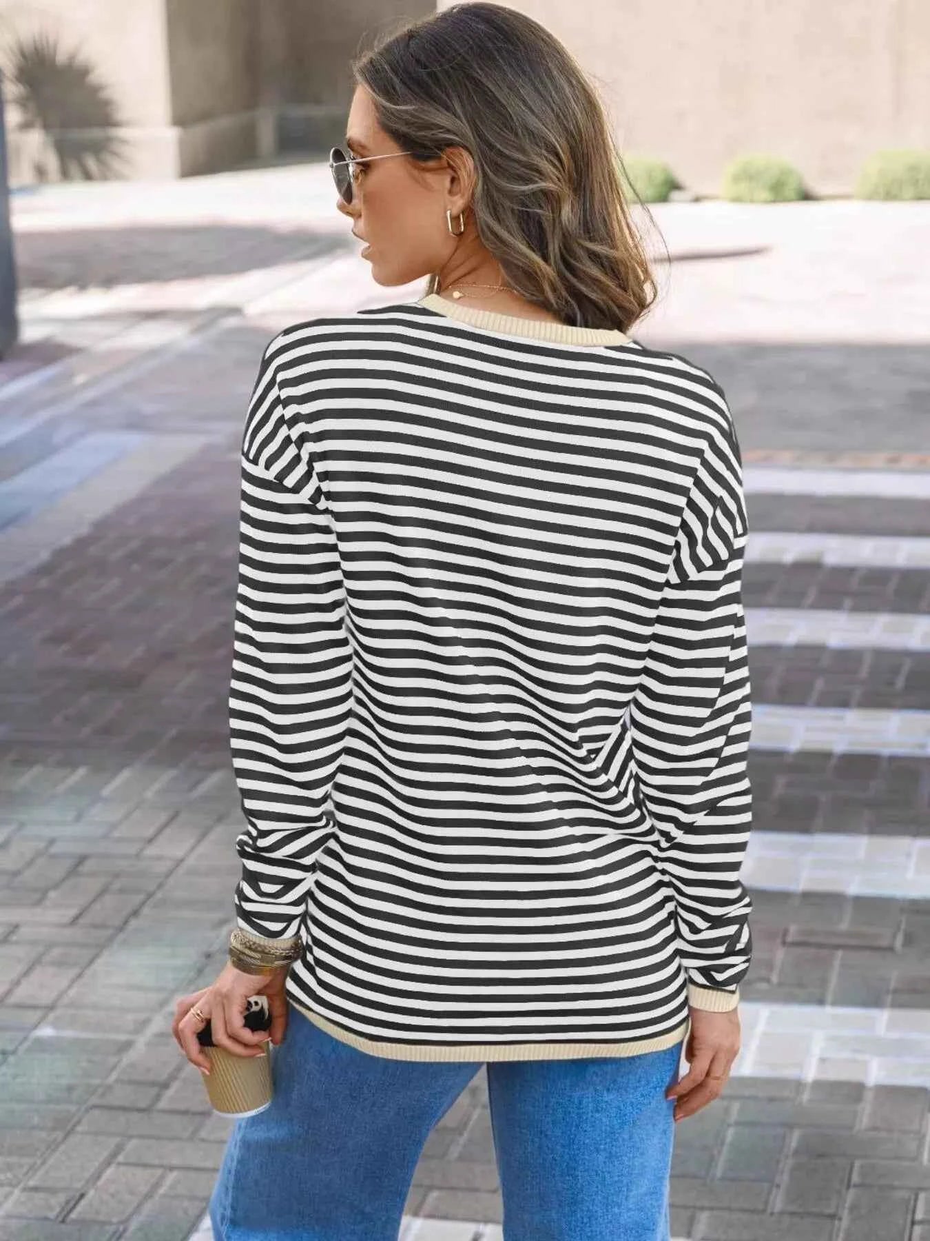 Striped Round Neck Long Sleeve Knit Top 8e5aa50f69a64da4a1fbd2c1edf7c557-Max-Origin