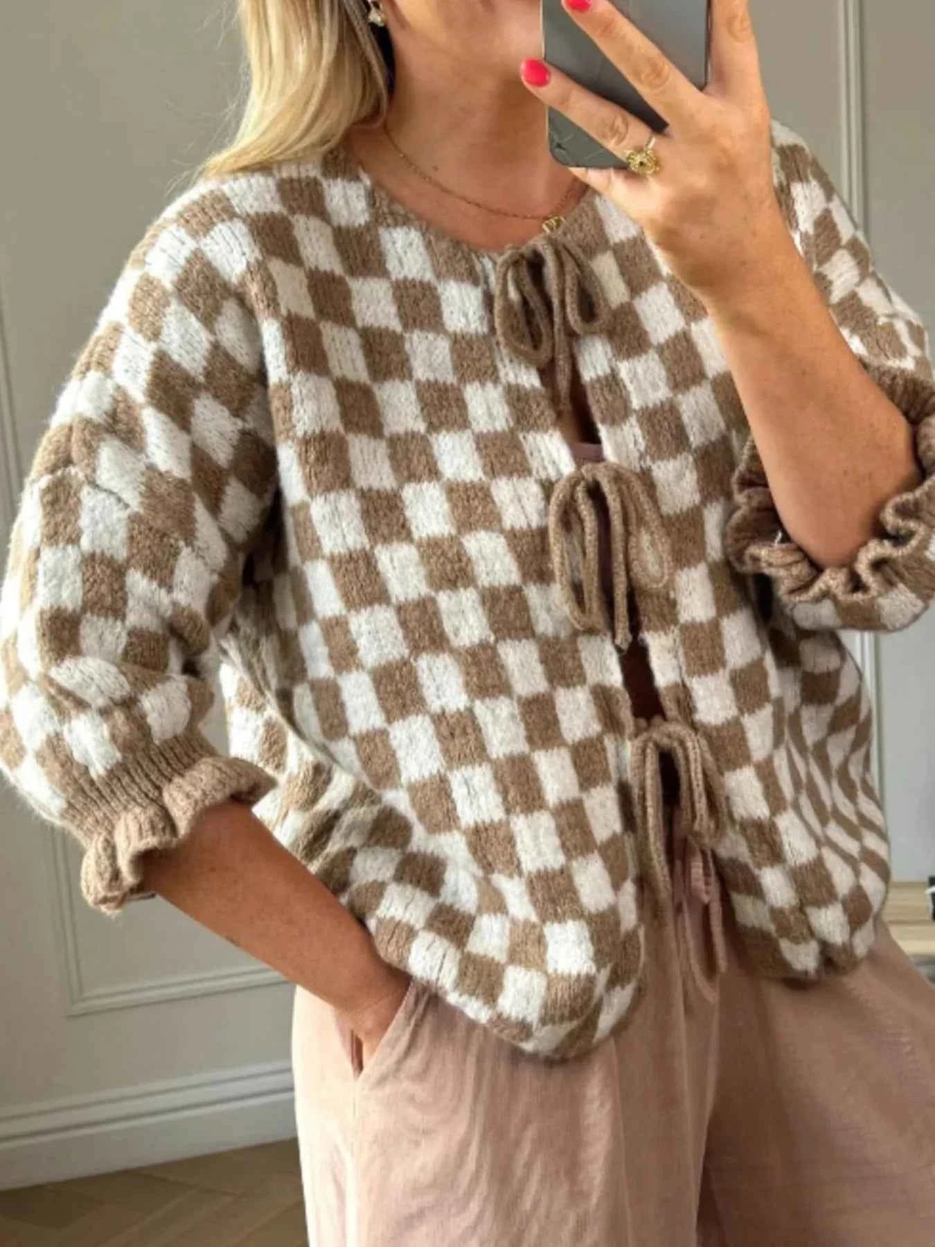 Checkered Tie-Front Knit Cardigan Khaki 8eab41d4-5c02-4fe5-828f-f968eecf7c64-Max-Origin