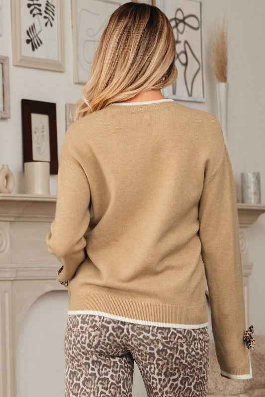 Leopard Bow Split Cuff Contrast Trim Sweater 8eaf50db-5b13-45bf-b2e2-079b4013a066