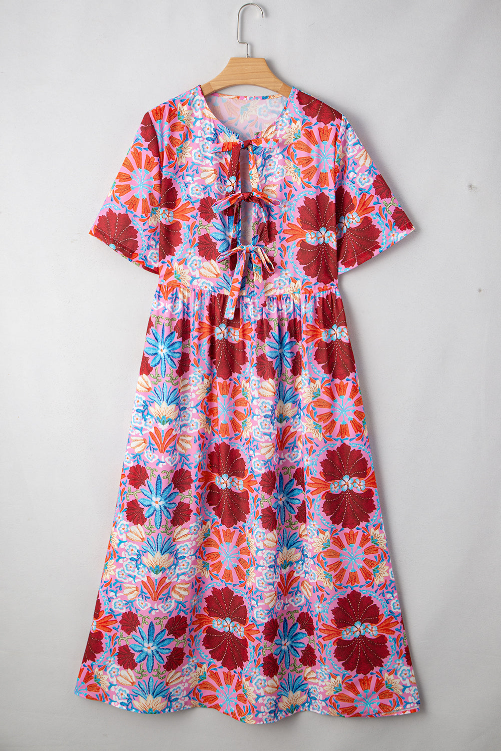 Rose Floral Print Tie Front High Waist Loose Midi Dress 8ece8e1eeac3cce3