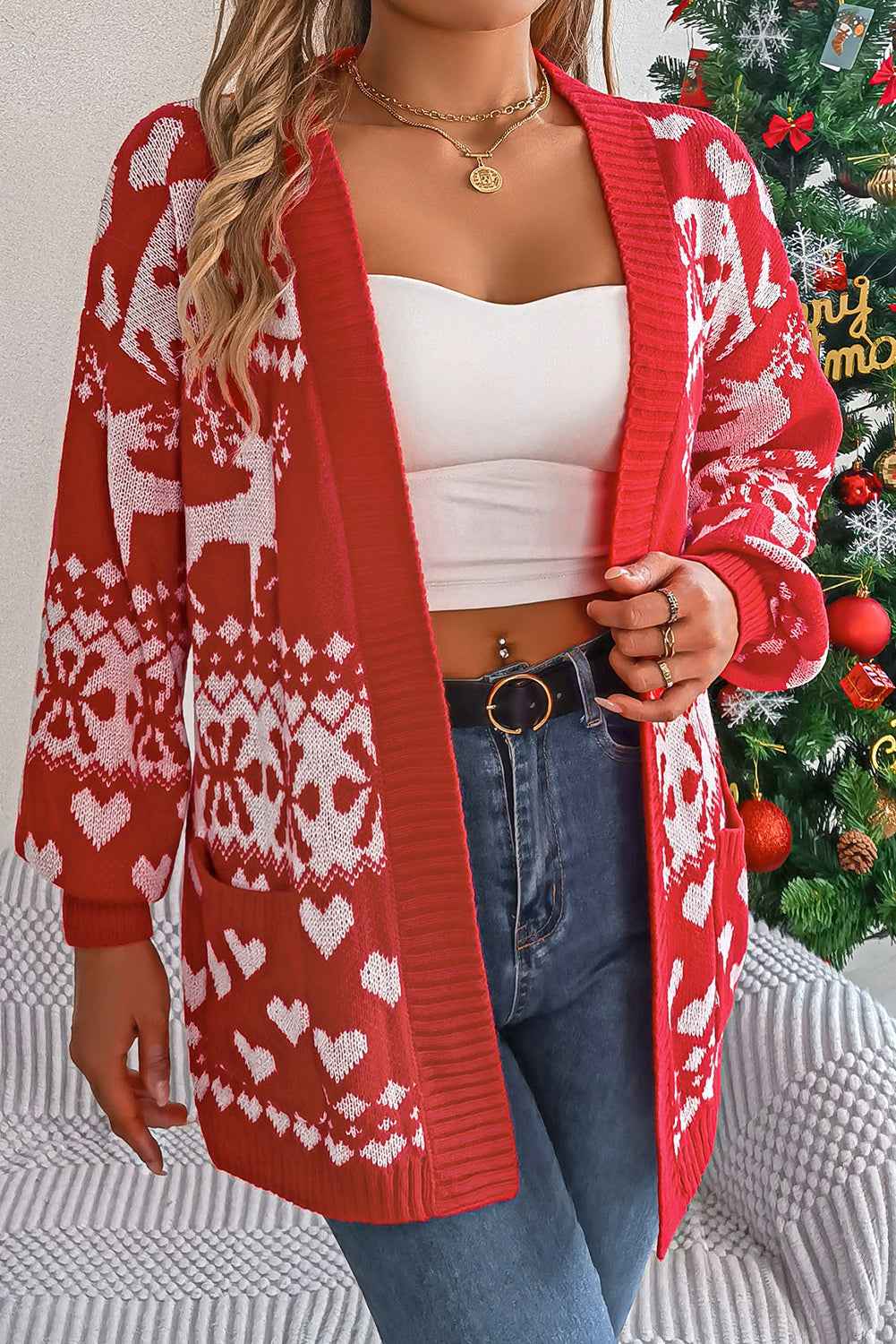 Fiery Red Christmas Reindeer Heart Pattern Pocket Knit Cardigan 8ee85b9d361db07a