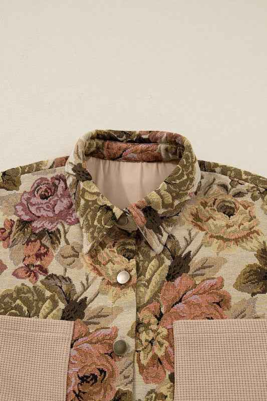 Floral Waffle Knit Patchwork Chest Pocket Buttoned 8f5ded66-2d73-43ff-8964-d75f1d3d069b