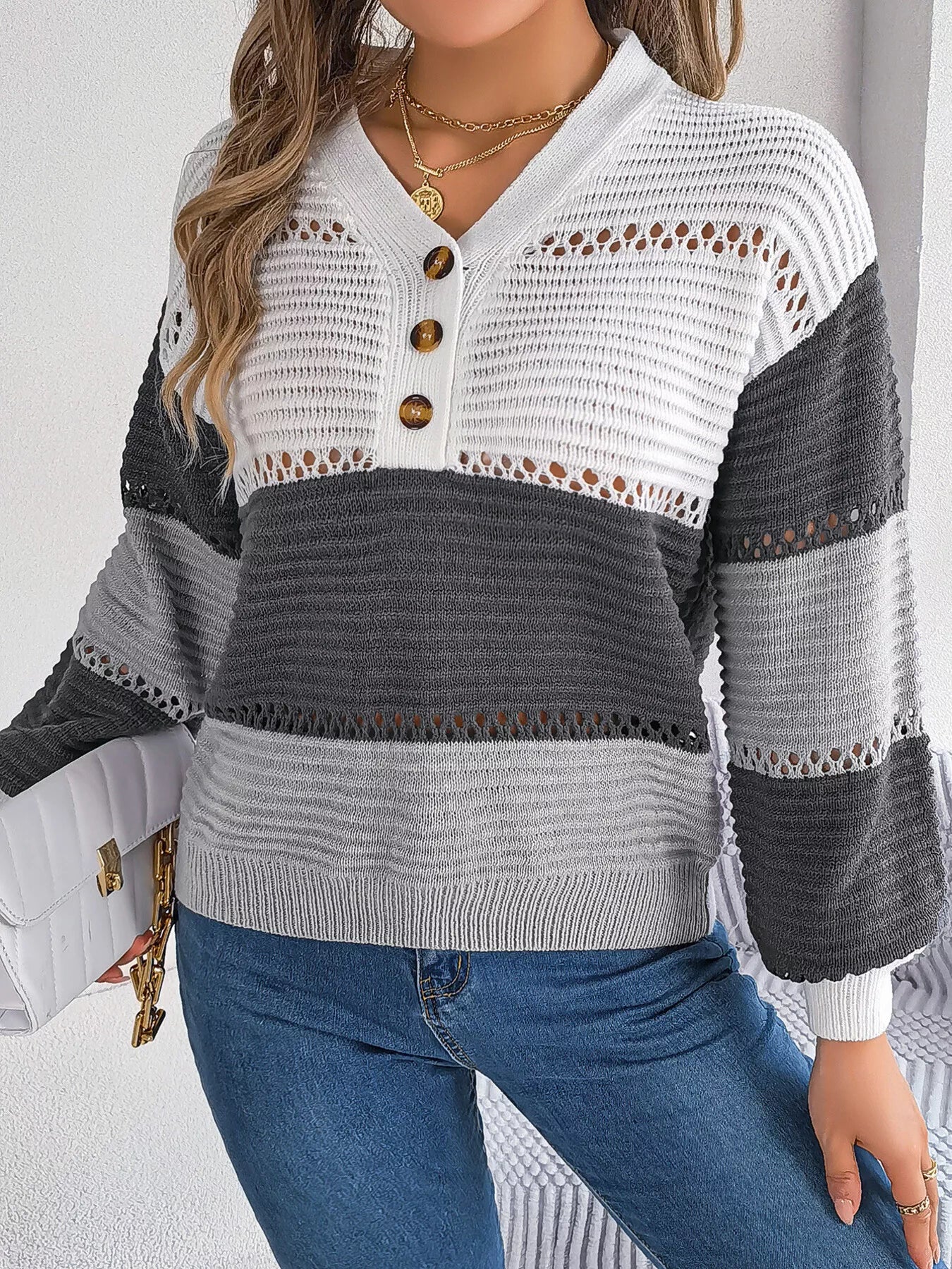Color Block Striped V-Neck Button Detail Sweater Black 8f747ac5448e457aa9f08ed72302cf8e-Max-Origin