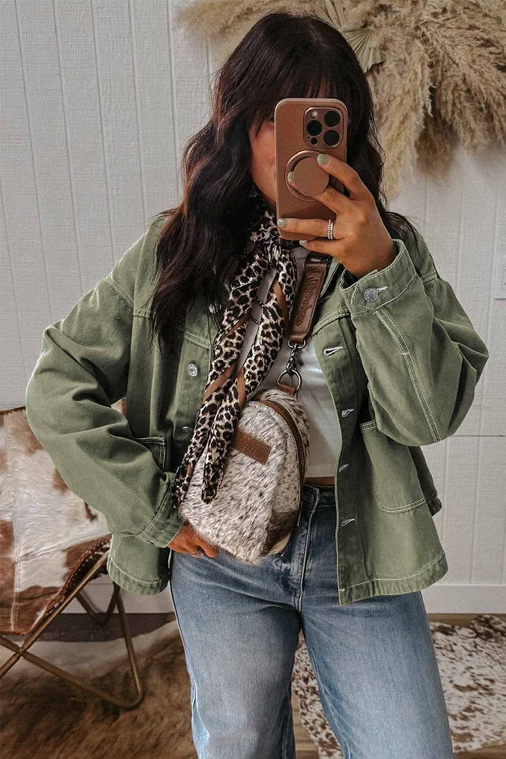 Smoke Green Pocket Collared Button Front Denim Jacket 8fbd33b1a4abd782