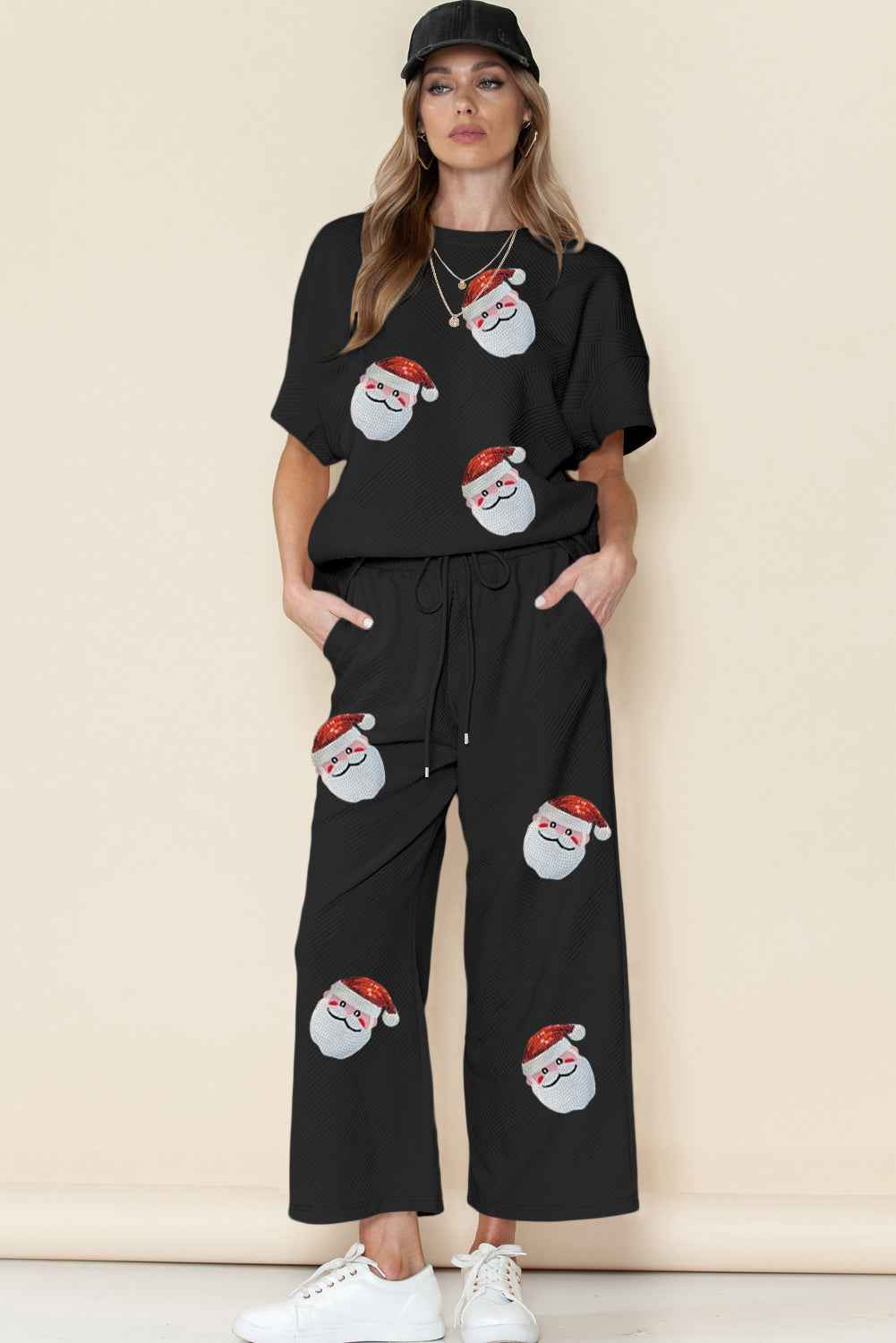 Black Christmas Santa Clause Graphic Sequins Patch Textured Pants Set 901c0ffa4c05abc6