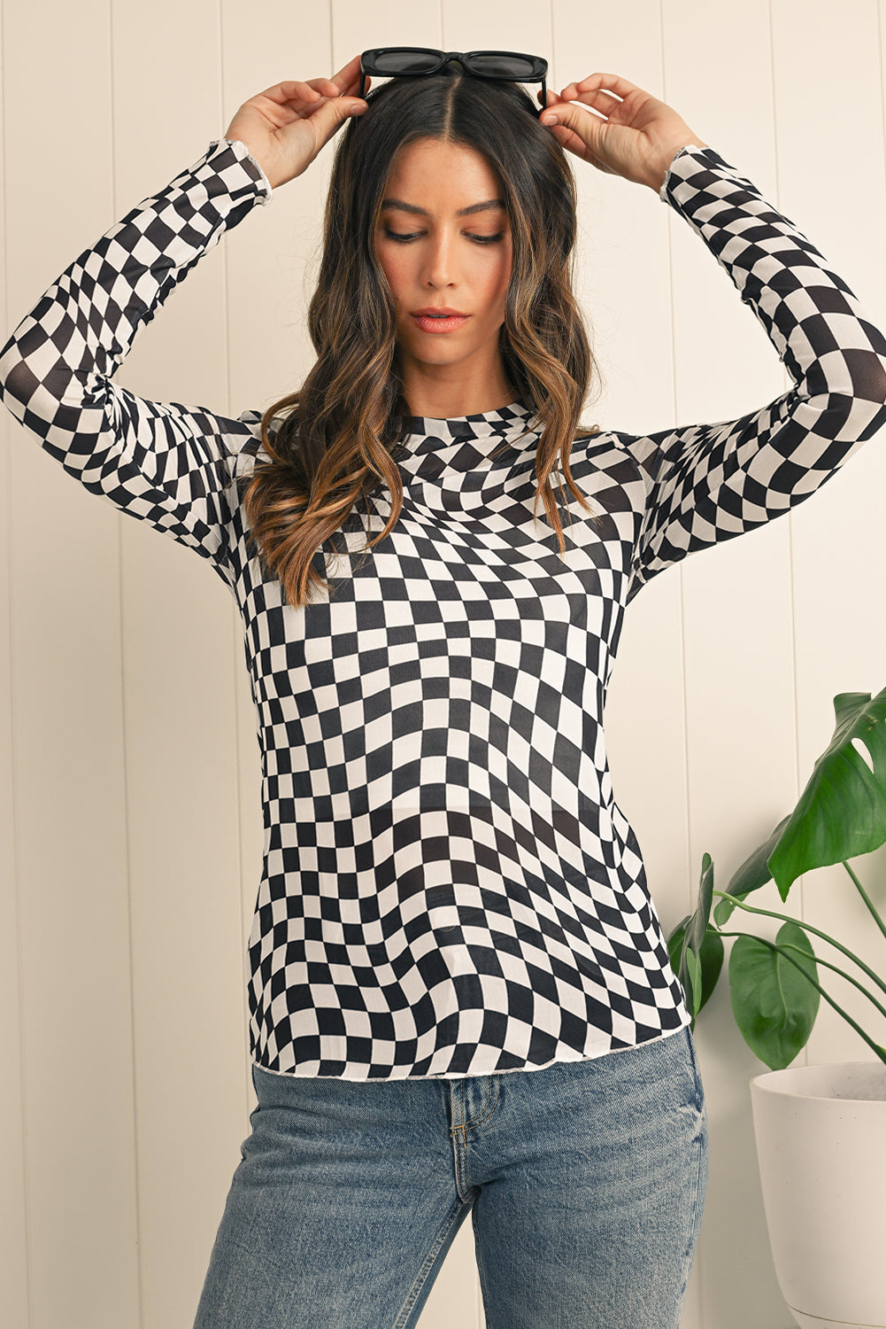 Black Checkered Pattern Mesh Long Sleeve Top 90ad11e2102d6e48
