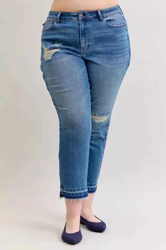 Judy Blue Full Size Mid Rise Bf Patch & Repair Destroy Release Hem Jeans Plus Size 90d13c30-a5de-4a08-a0d6-d5d988a007bc-Max-Origin