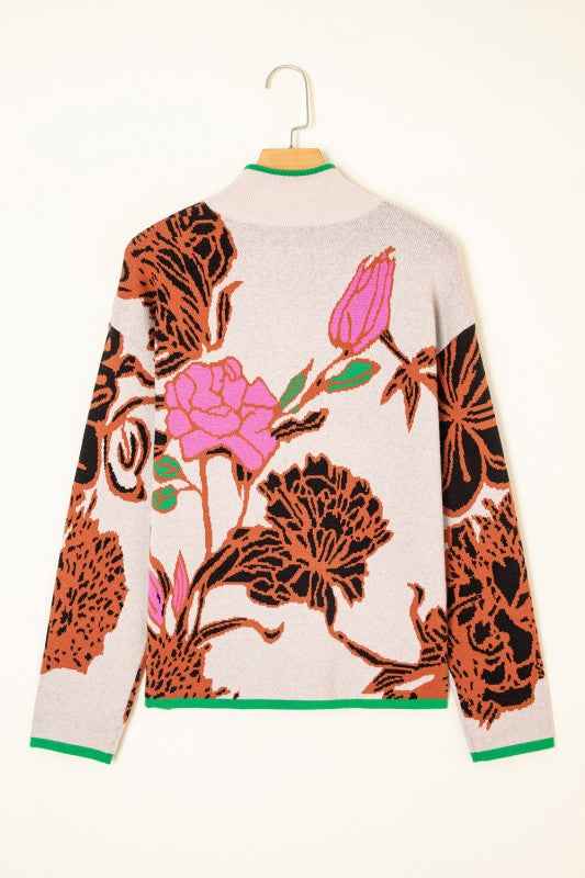 Floral Knit Quarter-Zip Long Sleeve Sweater 90d8d6b1-a566-45f8-9926-ffc91d001f9f