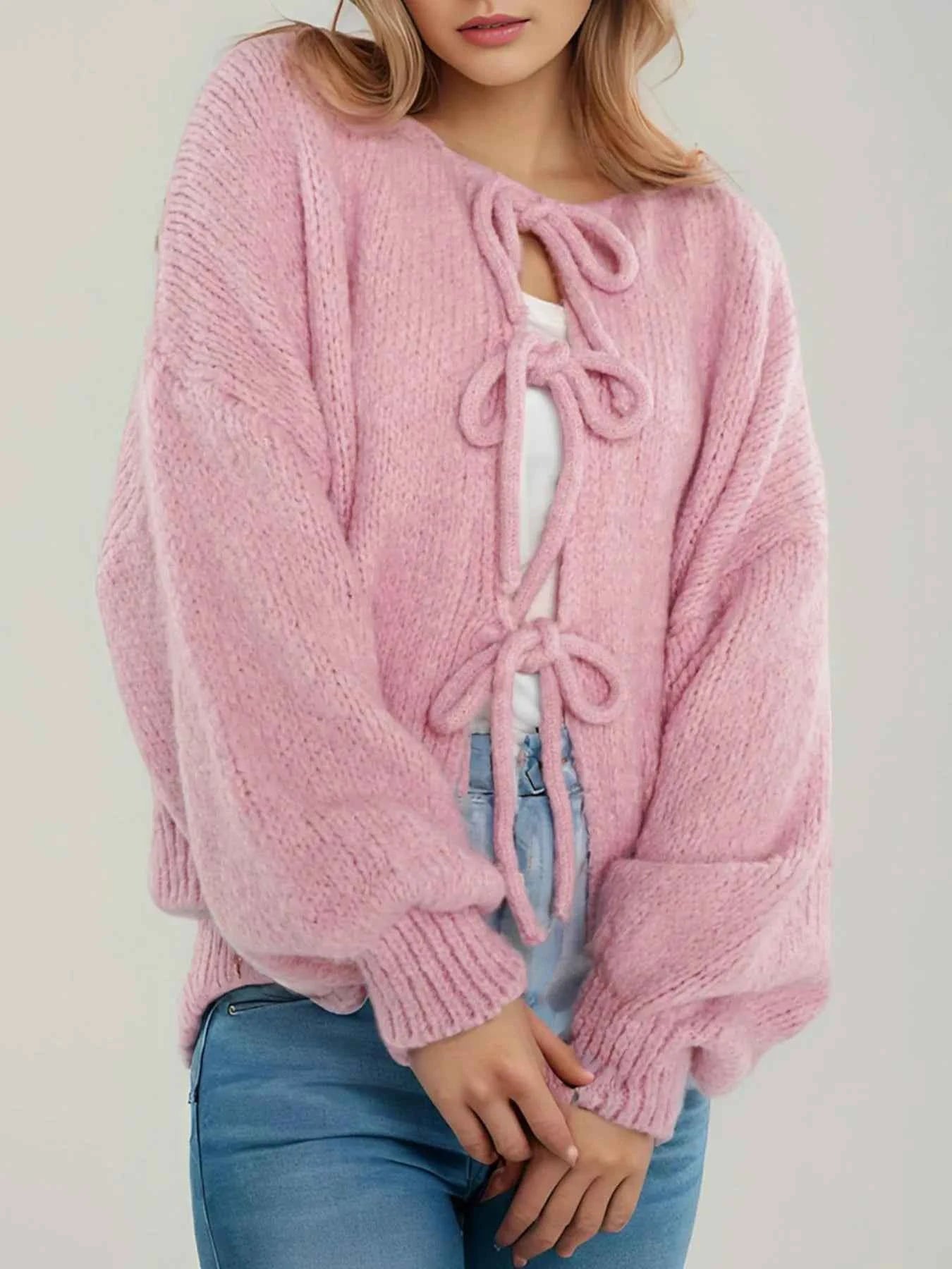 Cozy Bow-Tie Front Knit Cardigan Pink 90f70b58-ab92-4d3a-8832-9f4ae6ae2a79-Max-Origin