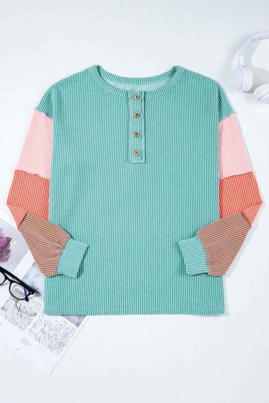 Colorblock Corded Knit Long Sleeve Henley Top 90fa71eb-6b13-4250-8ccc-96d7146173b0