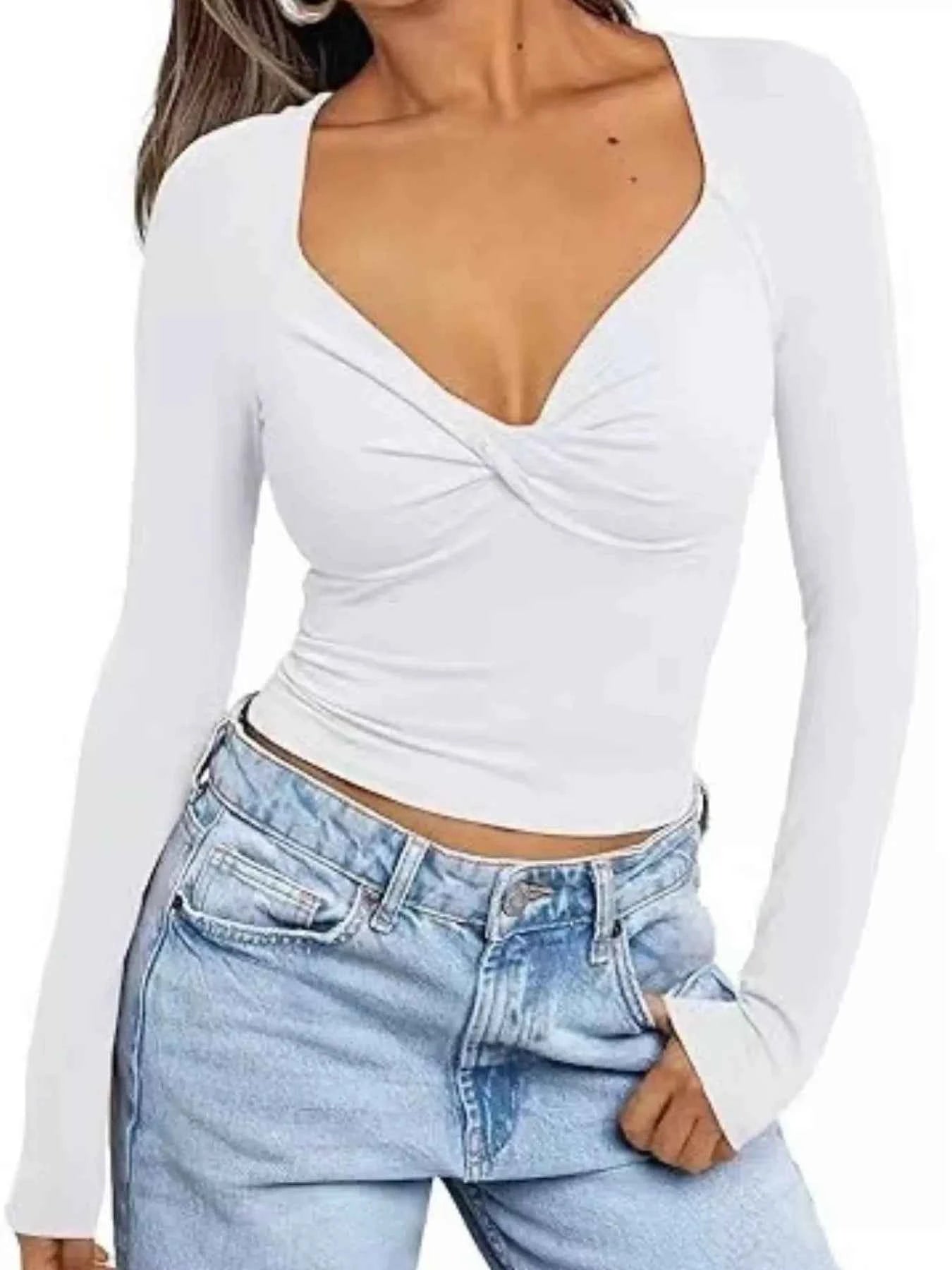 Twist Front Long Sleeve Fitted T-Shirt White 91756cd3-ff93-40d1-8c14-996069c9ef98-Max-Origin