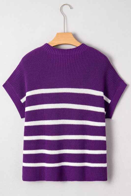 Stripe Patch Pocket Short Sleeve Knit Sweater 91c5a087-2ab9-4133-9e05-20b2b3b6c073