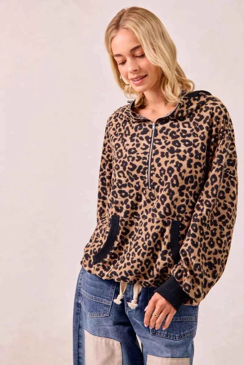 BiBi Leopard Print Waffle Half Zip Up Hoodie W Pocket 91e24f81d7024536b0da259fa89033a5-Max-Origin