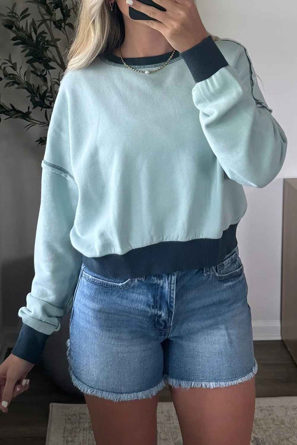 Iceland Blue Contrast Edge Patchwork Cropped Sweatshirt Iceland Blue 65%Polyester+35%Cotton 9208301a1e773429
