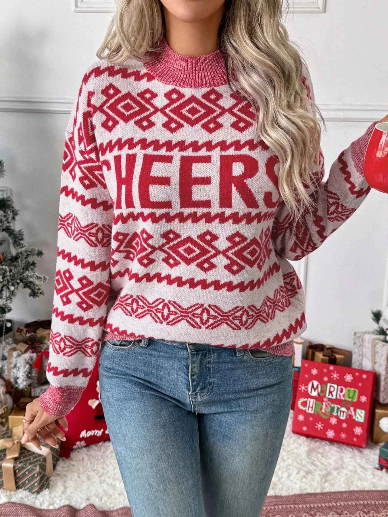 CHEERS Christmas Round Neck Long Sleeve Sweater Red 921769e56a67456c92f4289da6f4311e-Max-Origin