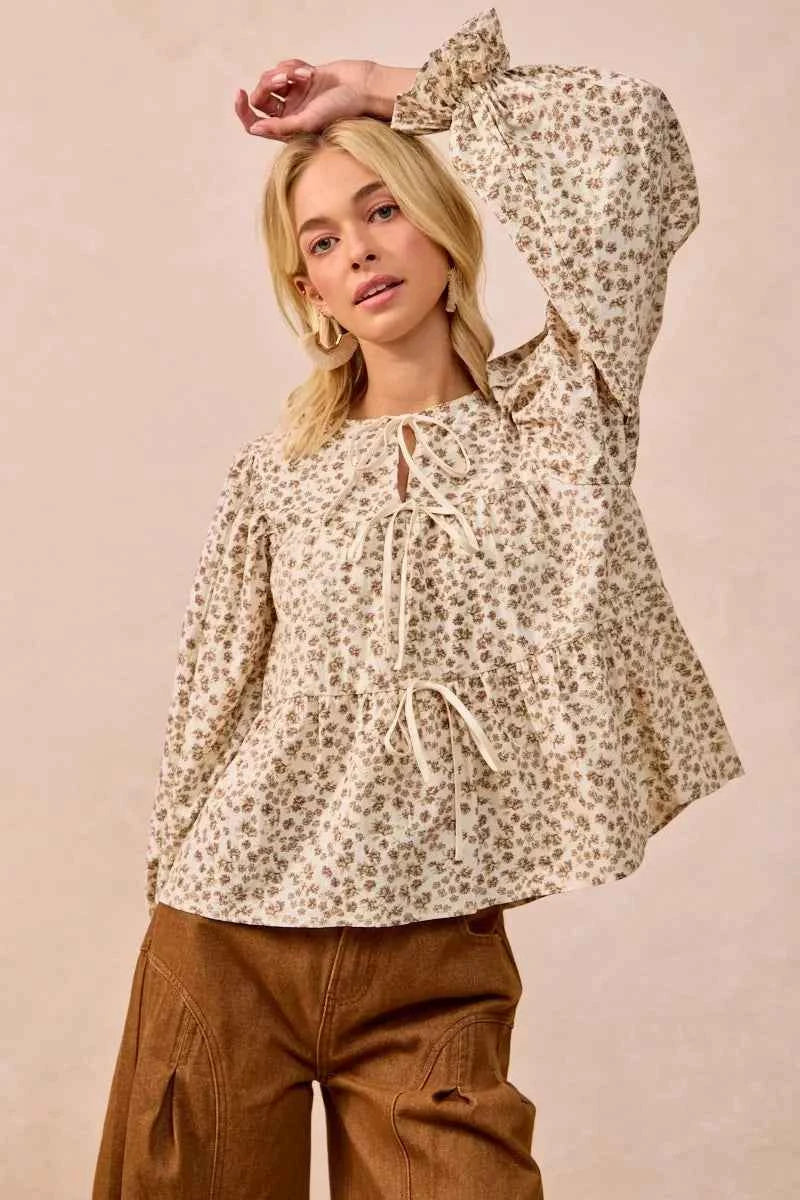 BiBi Floral Printed Peplum Blouse with Shirring and Tied 923bffabe0b84d9ebfe1218181922fa1-Max-Origin