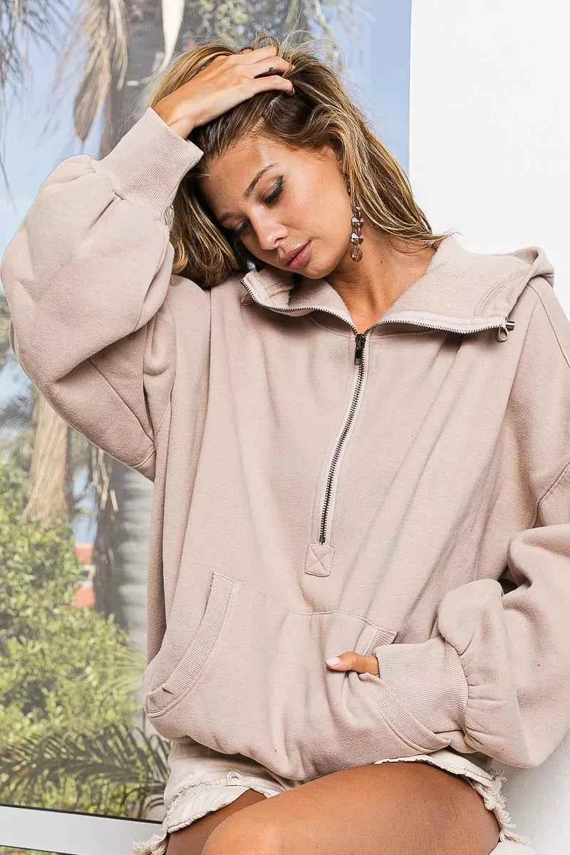 BiBi Stitch Detailed Elastic Hem Half Zip Fleece Hoodie 927b8595-d4cd-4f3a-b69f-9955993d7863-Max-Origin