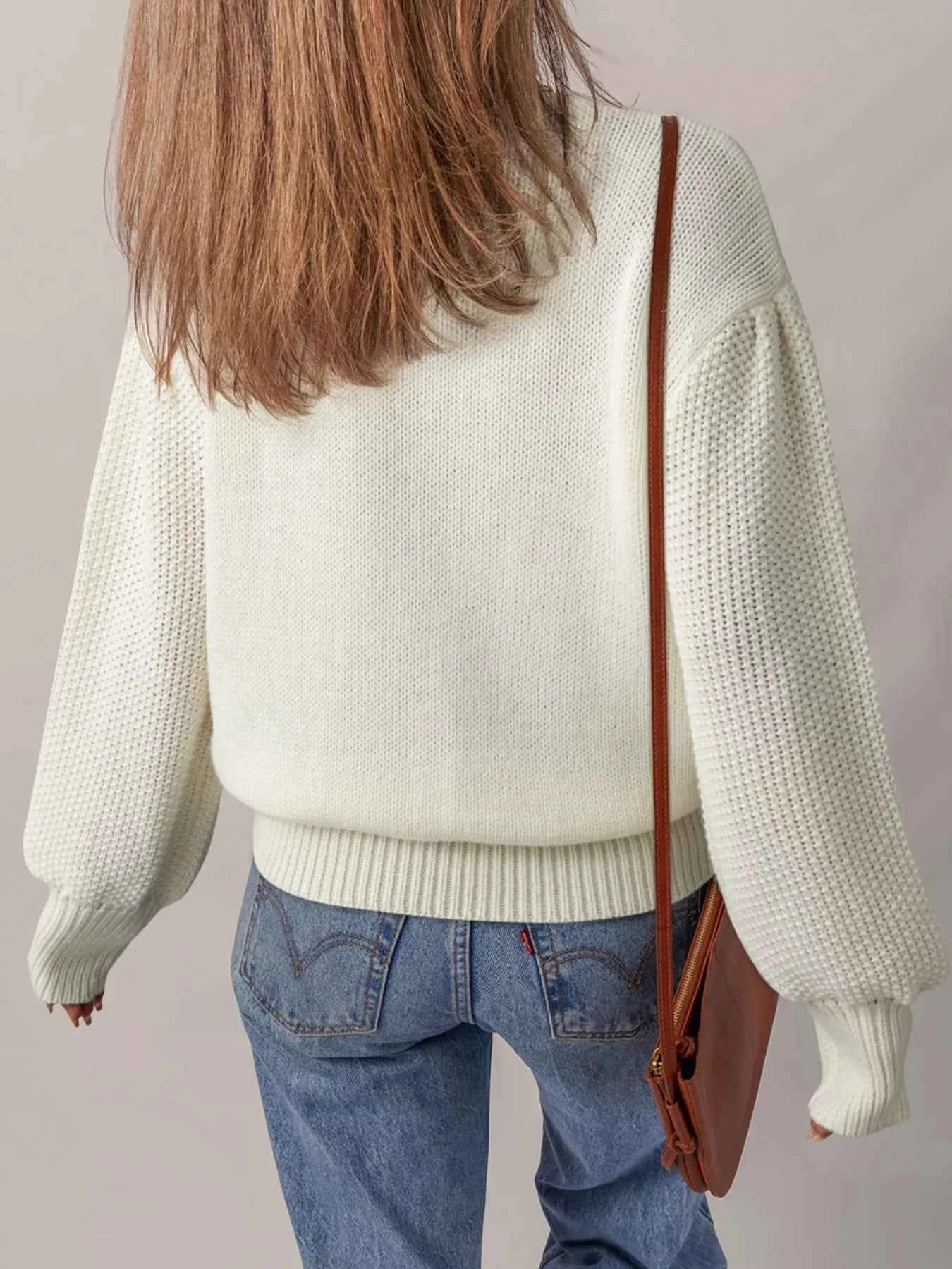 Flower Detail Round Neck Contrast Textured Puff Sleeve Sweater 938e710c305f47aa83055659cdf5d8ed-Max-Origin