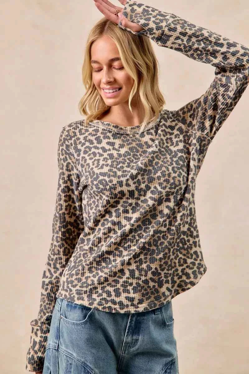 BiBi Leopard Print Washed Waffle Thermal Top with Thumb 939b9816eb87432d8ef621238629acbe-Max-Origin