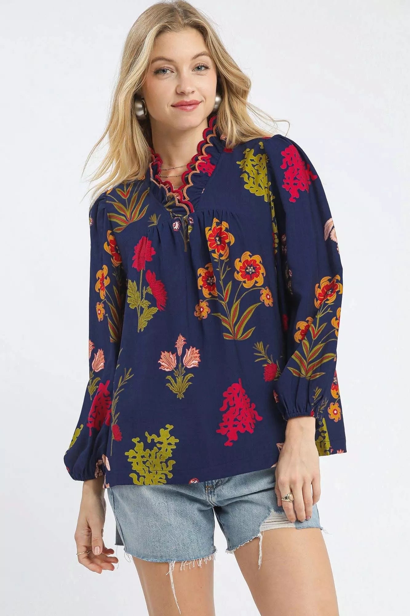 Umgee Flower Print Blouse with Scalloped Neckline MIDNIGHT MIX 93ec58b9-a042-42fb-b639-81bd3d012444-Max-Origin