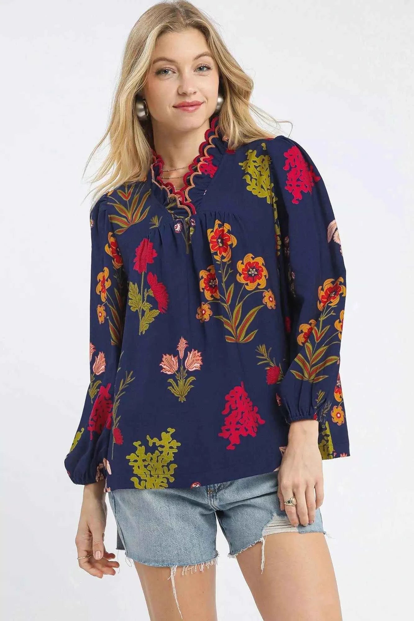 Umgee Flower Print Blouse with Scalloped Neckline MIDNIGHT MIX 93ec58b9-a042-42fb-b639-81bd3d012444-Max-Origin