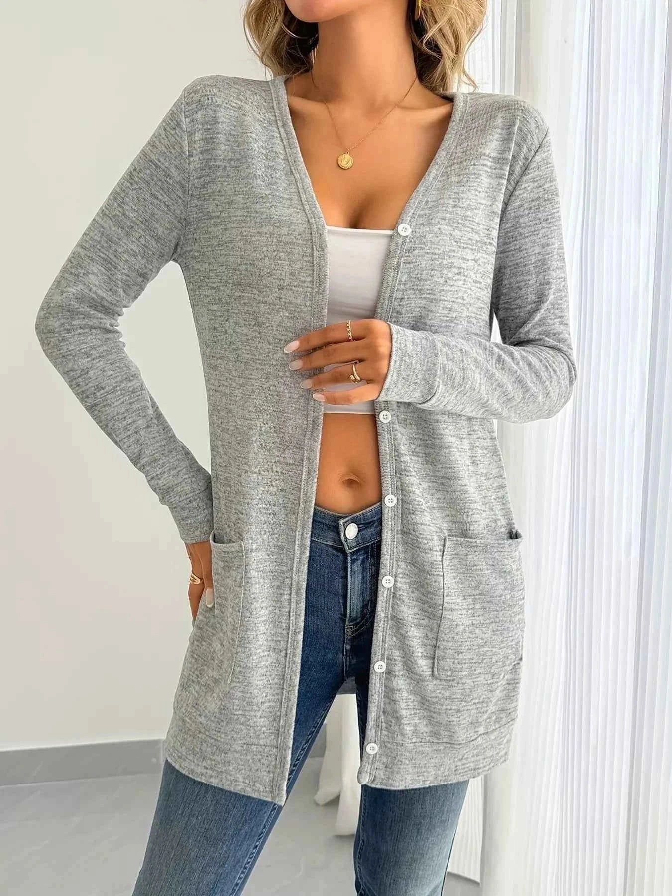 Open Front Longline Cardigan with Side Pockets Light Gray 940413fed91942ddabac9bfd3d3d5ff9-Max-Origin