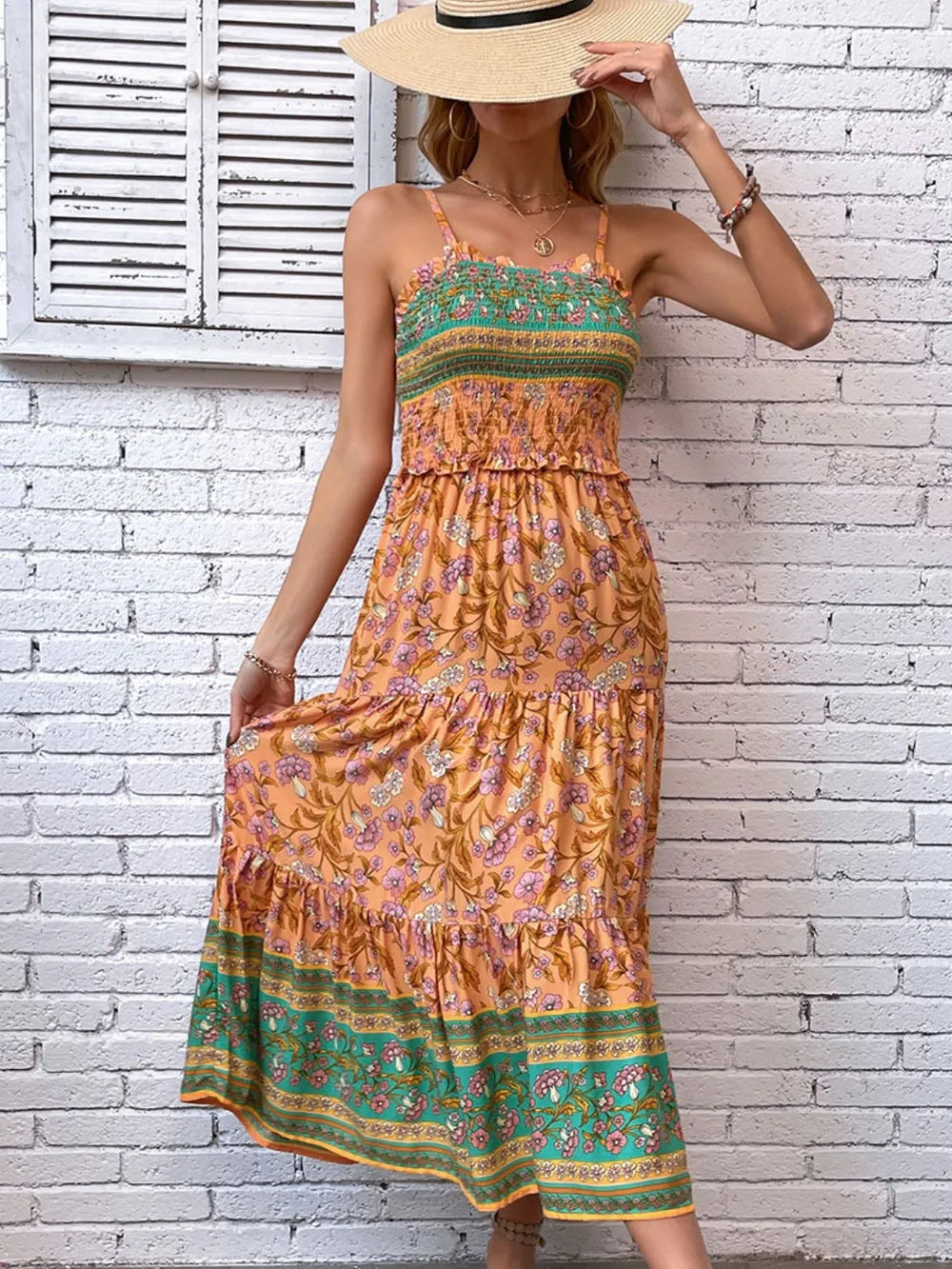 Printed Square Neck Midi Cami Dress Ochre 941a5965-6d6c-486f-8fca-ed86fc2e2a12-Max