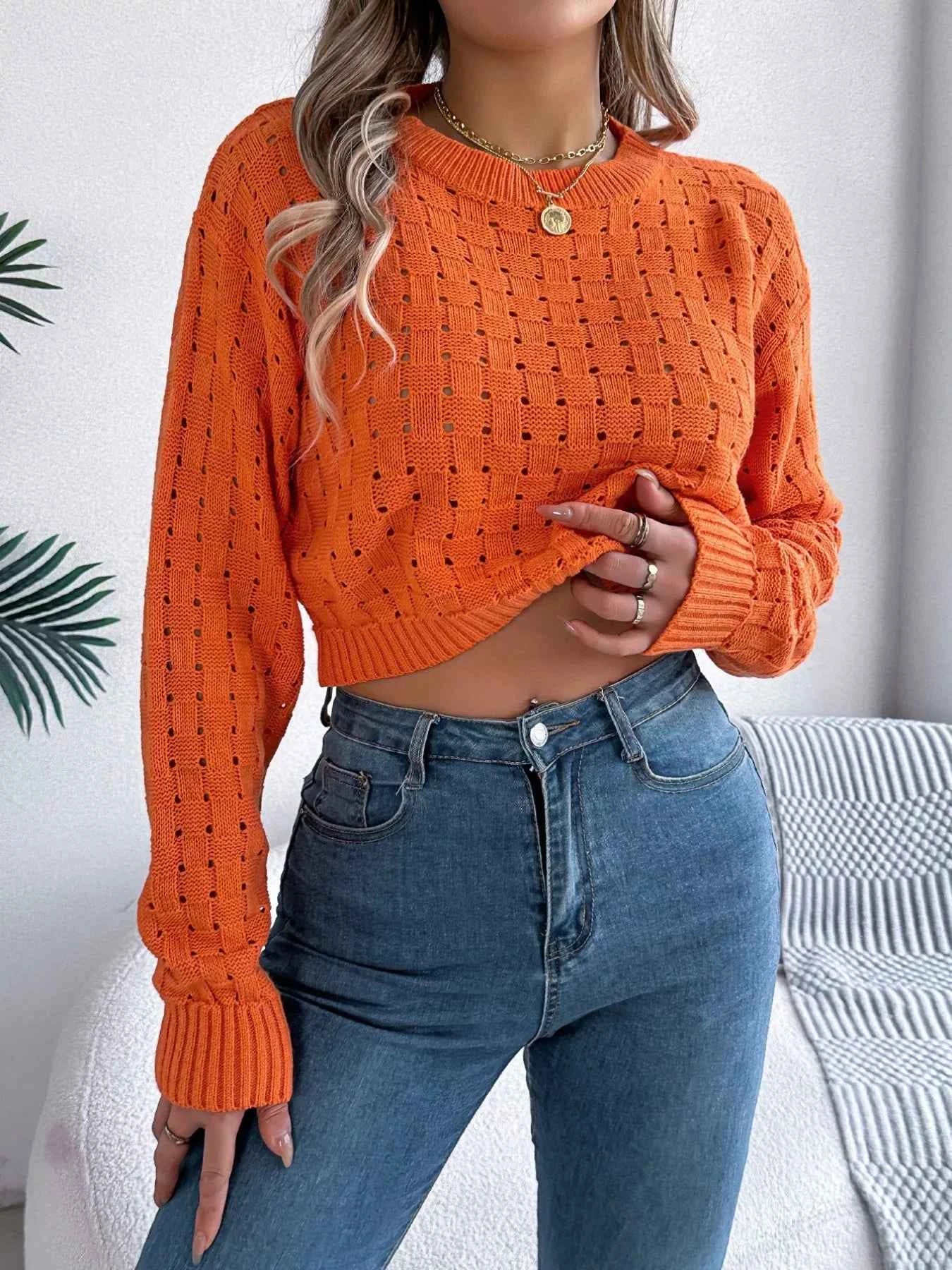 Cutout Back Openwork Round Neck Long Sleeve Sweater 94466273-6964-4331-b1d3-42bcc01a8995-Max-Origin