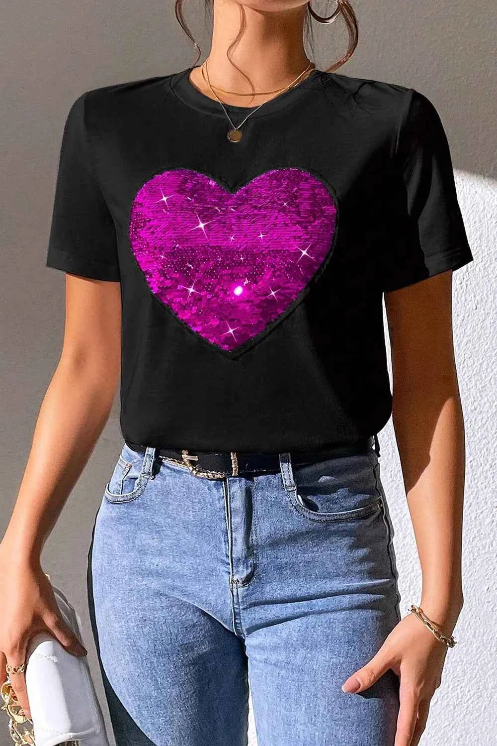 Heart Sequin Round Neck Short Sleeve T-Shirt 946f965a-b4a7-4c40-a081-5f0375ab24e9-Max