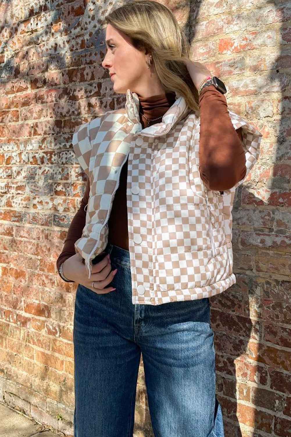 Khaki Plaid Stand Neck Button Down Vest 94814767007bf5a1