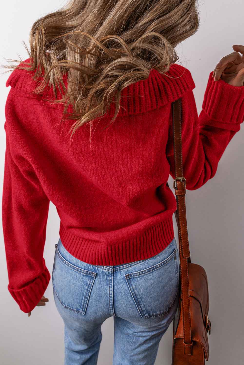 Racing Red Ribbed Edge Collared V Neck Loose Fit Sweater 94d9ac1a37aef7a3