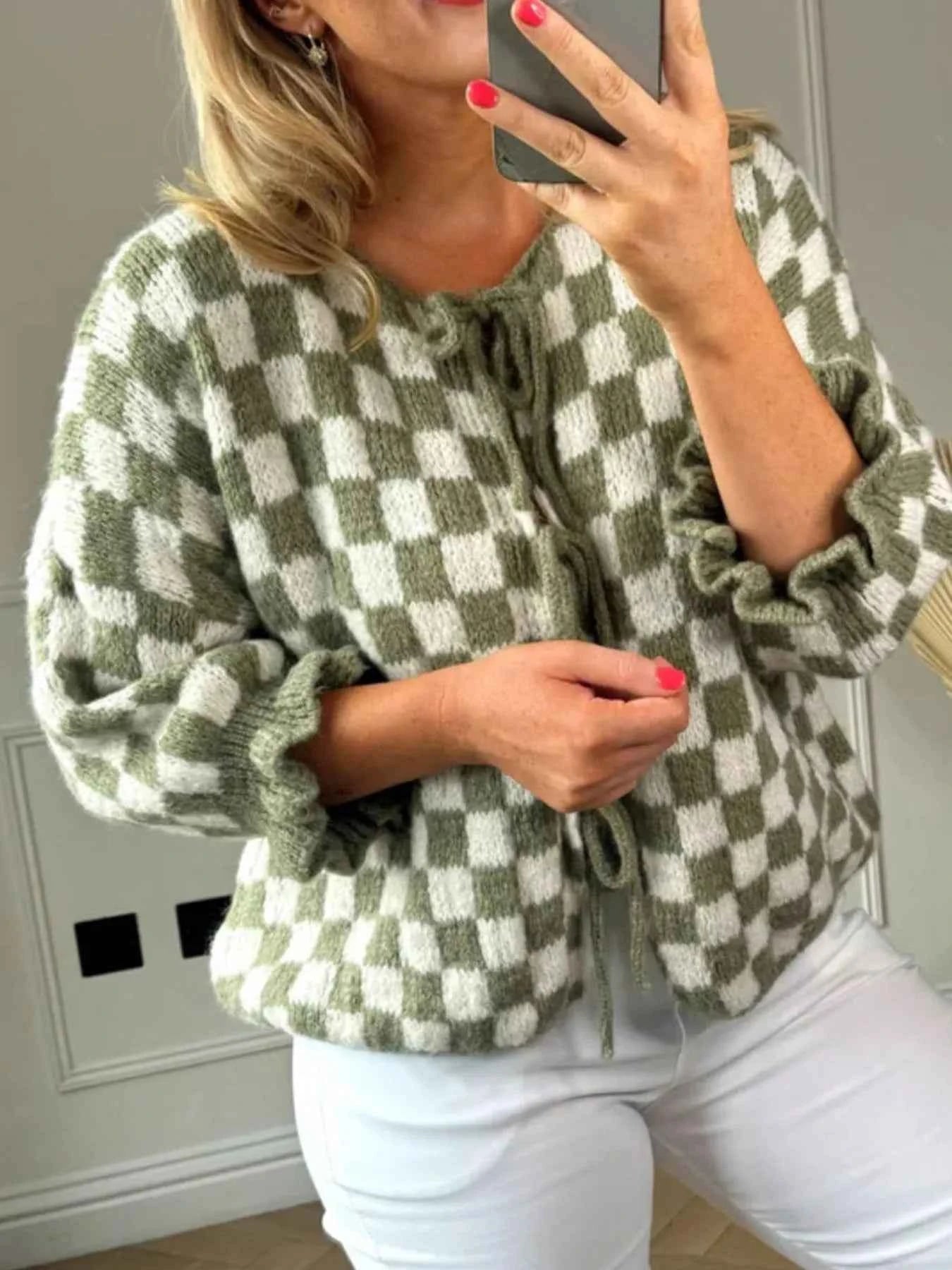 Checkered Tie-Front Knit Cardigan Matcha Color 95614339-e9e0-4352-8f7e-2c5b1e8f7fe3-Max-Origin_5460ff17-18ee-4472-aced-d571214ebd53