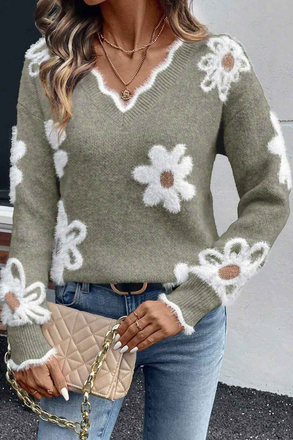 Seagrass Jacquard Floral Scallop V-neck Sweater Seagrass 100%Polyester 95642ab00e97629f