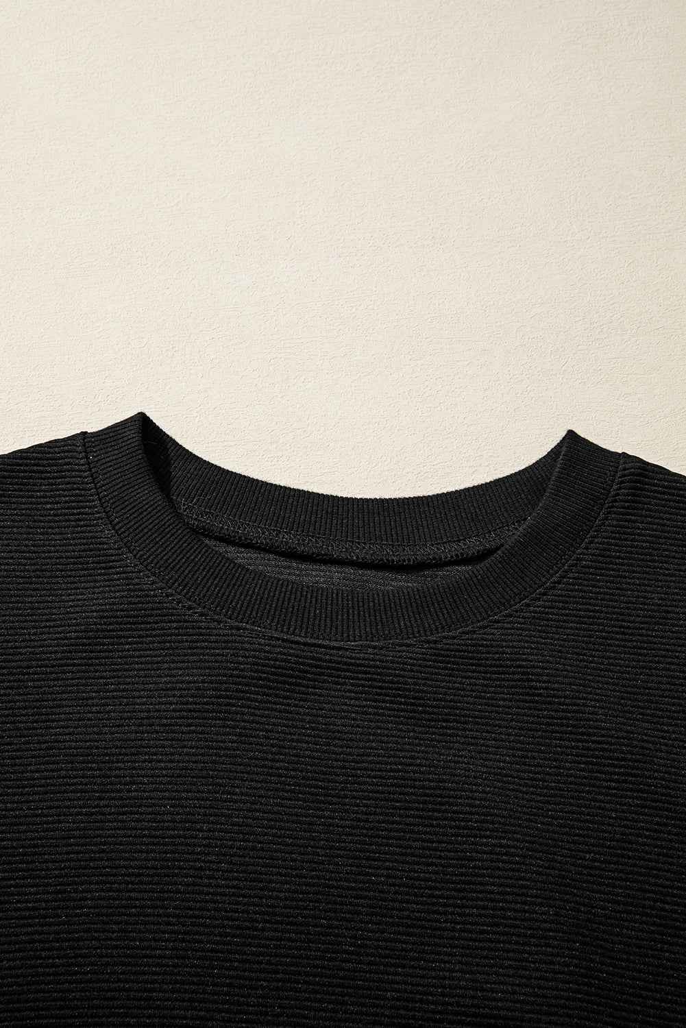 Black Ribbed Texture Baggy Drop Shoulder Pullover and Shorts Set 95acae3ac7d98cf3