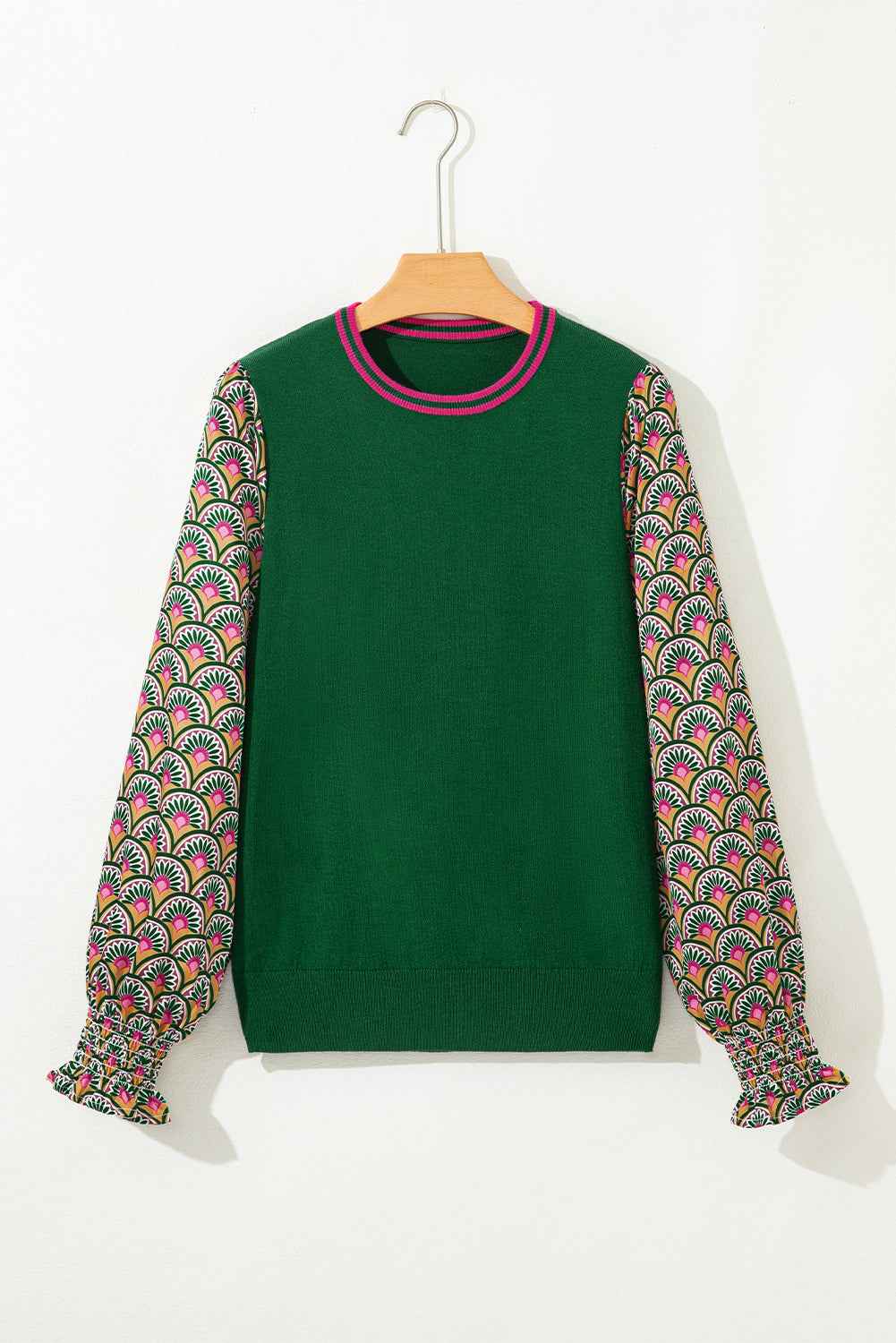 Blackish Green Floral Patchwork Shirred Cuff Puff Sleeve Sweater 95c0ab0e73de31ea