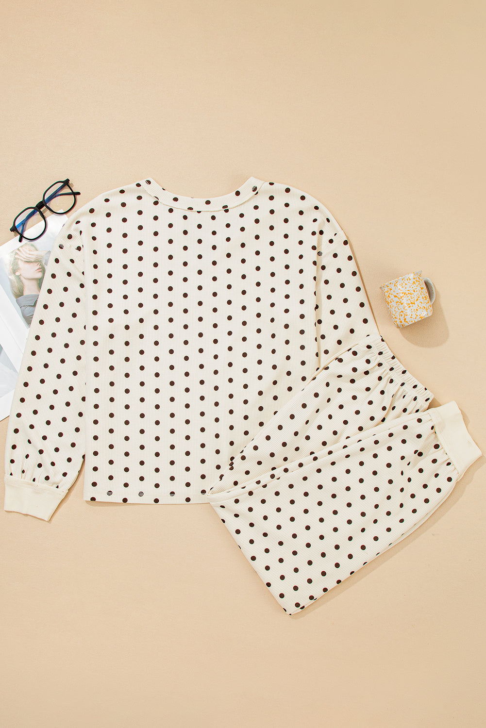 White Polka Dot Print Pullover Drawstring Jogger Pants Pajama Set 95dbc0b0be53c591
